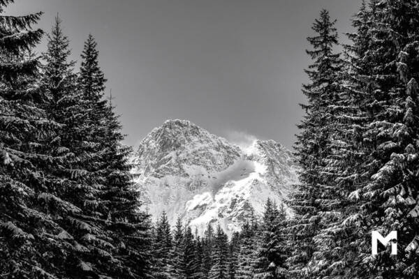 Front view of the snowy mountain peak