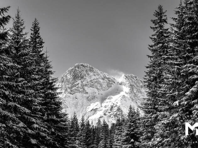 Front view of the snowy mountain peak
