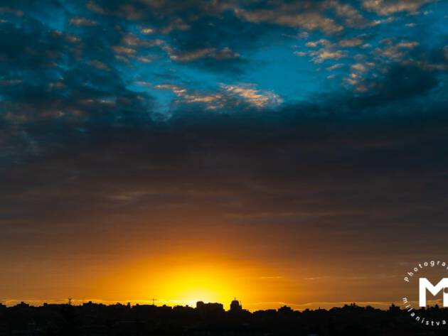 City sunset view with the blue sky at the top