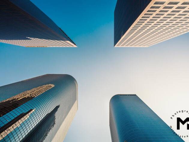 look up view between skyscraper
